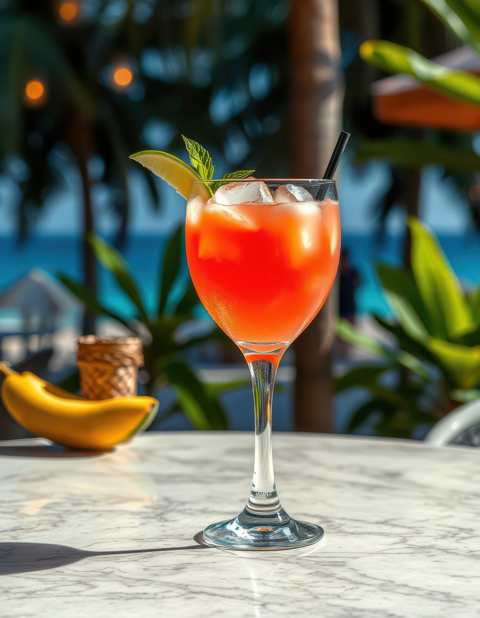 Refreshing tropical cocktail served at a beachside cafe with clear ocean view during a sunny day